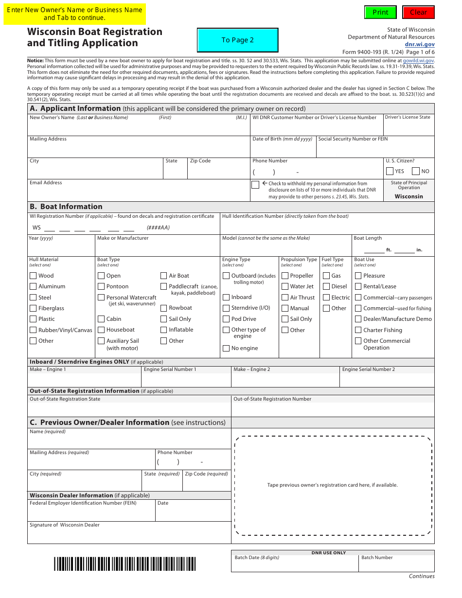 Form 9400-193 Wisconsin Boat Registration and Titling Application - Wisconsin, Page 1