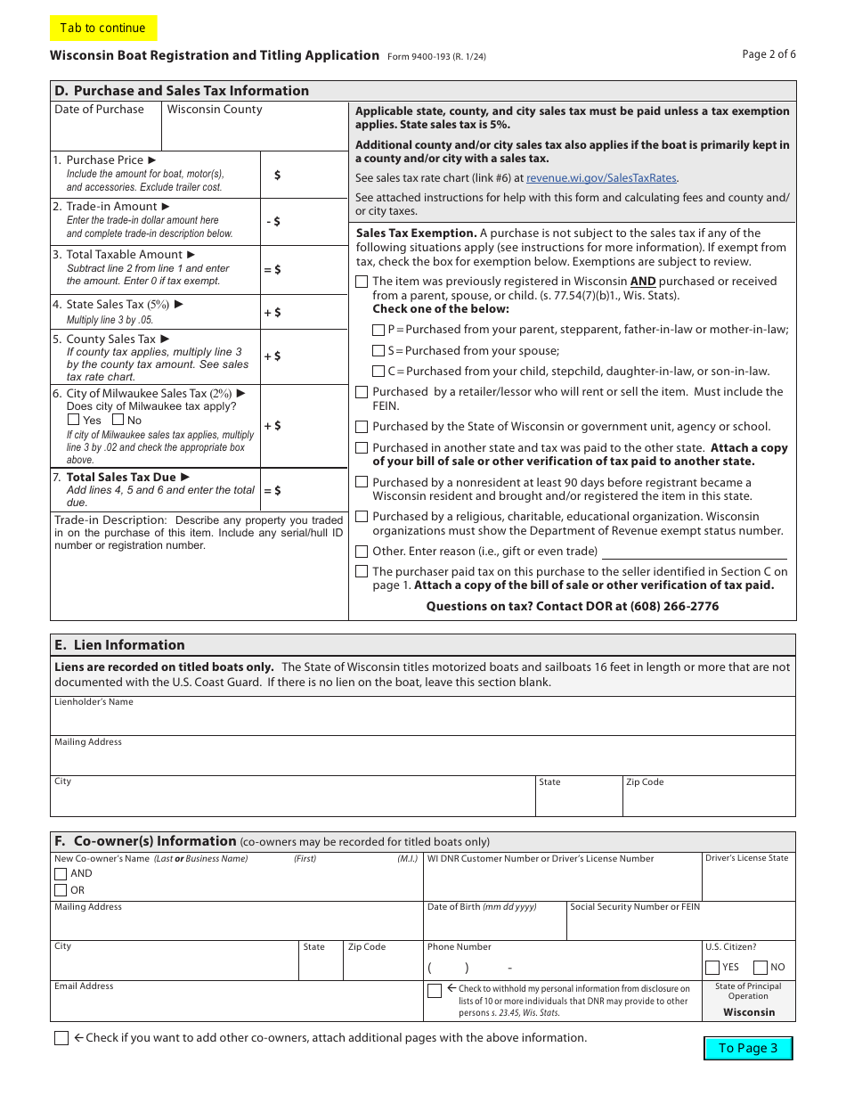 Form 9400-193 Wisconsin Boat Registration and Titling Application - Wisconsin, Page 2