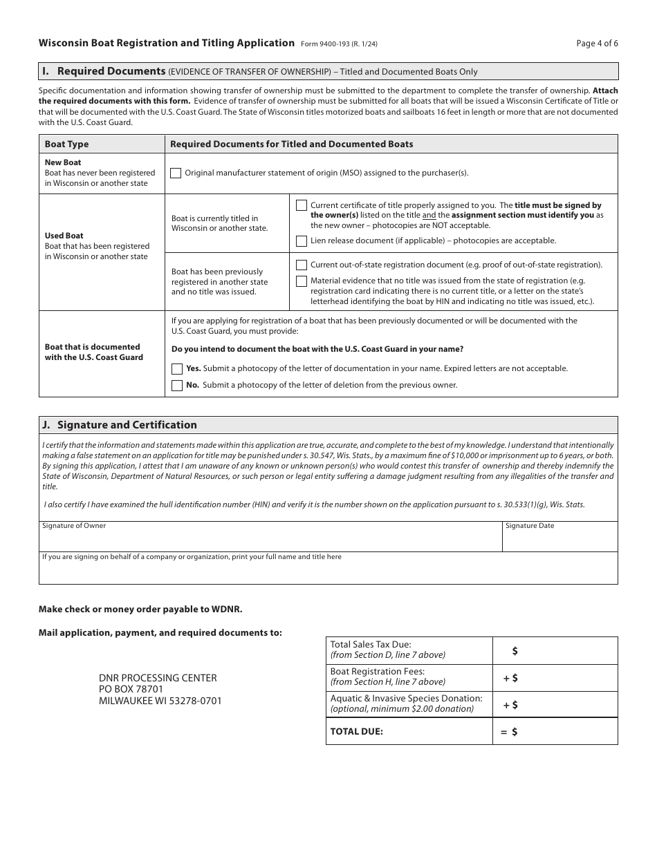 Form 9400-193 Wisconsin Boat Registration and Titling Application - Wisconsin, Page 4