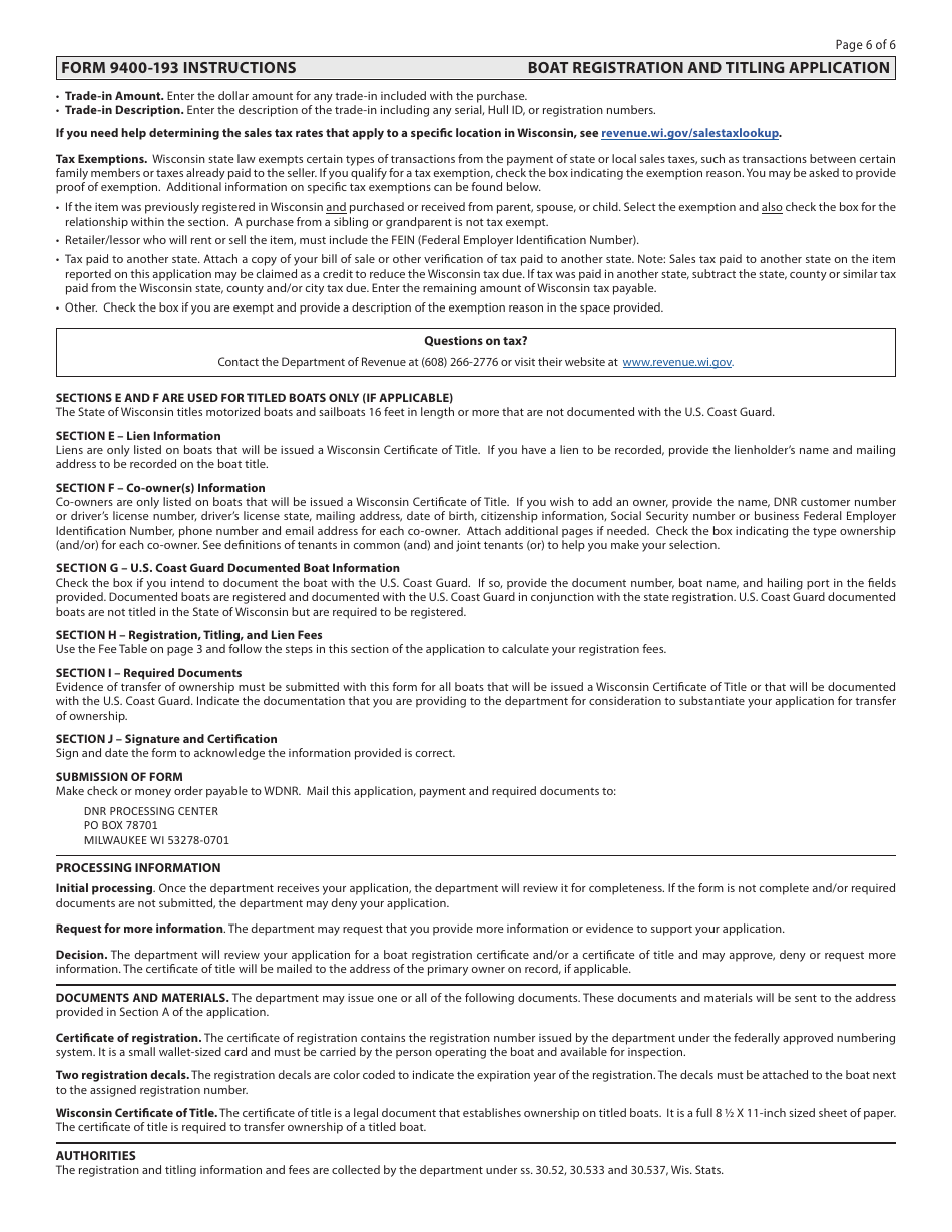 Form 9400-193 Wisconsin Boat Registration and Titling Application - Wisconsin, Page 6