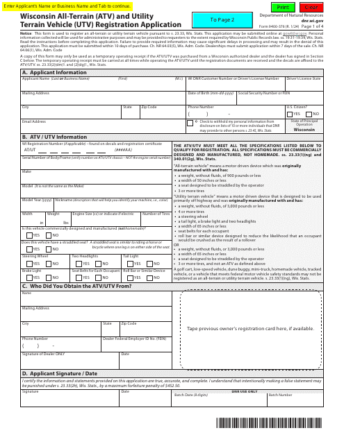 Form 9400'376 Wisconsin All-terrain (Atv) and Utility Terrain Vehicle (Utv) Registration Application - Wisconsin