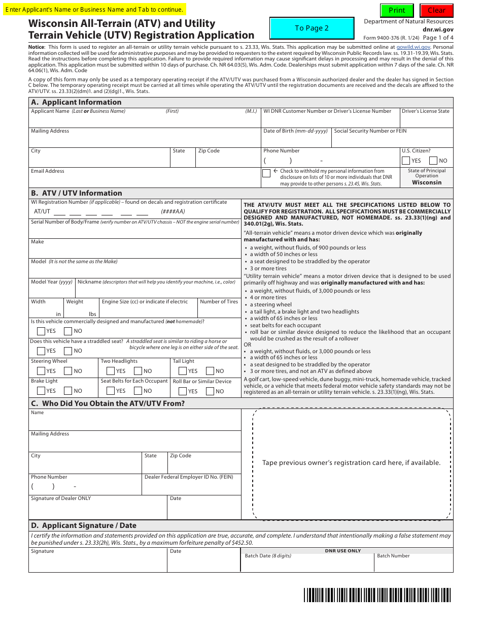 Form 9400376 Wisconsin All-terrain (Atv) and Utility Terrain Vehicle (Utv) Registration Application - Wisconsin, Page 1