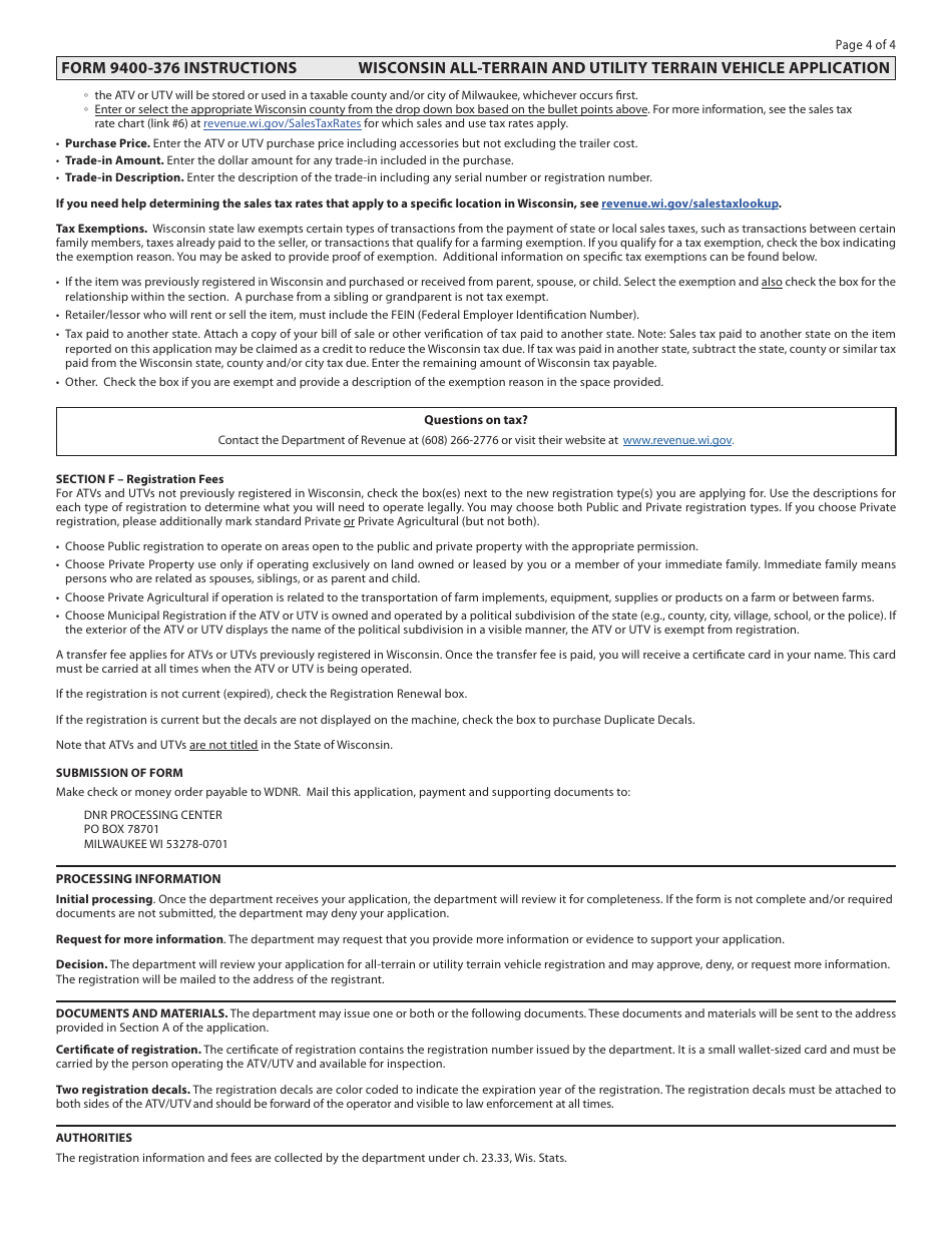 Form 9400376 Wisconsin All-terrain (Atv) and Utility Terrain Vehicle (Utv) Registration Application - Wisconsin, Page 4