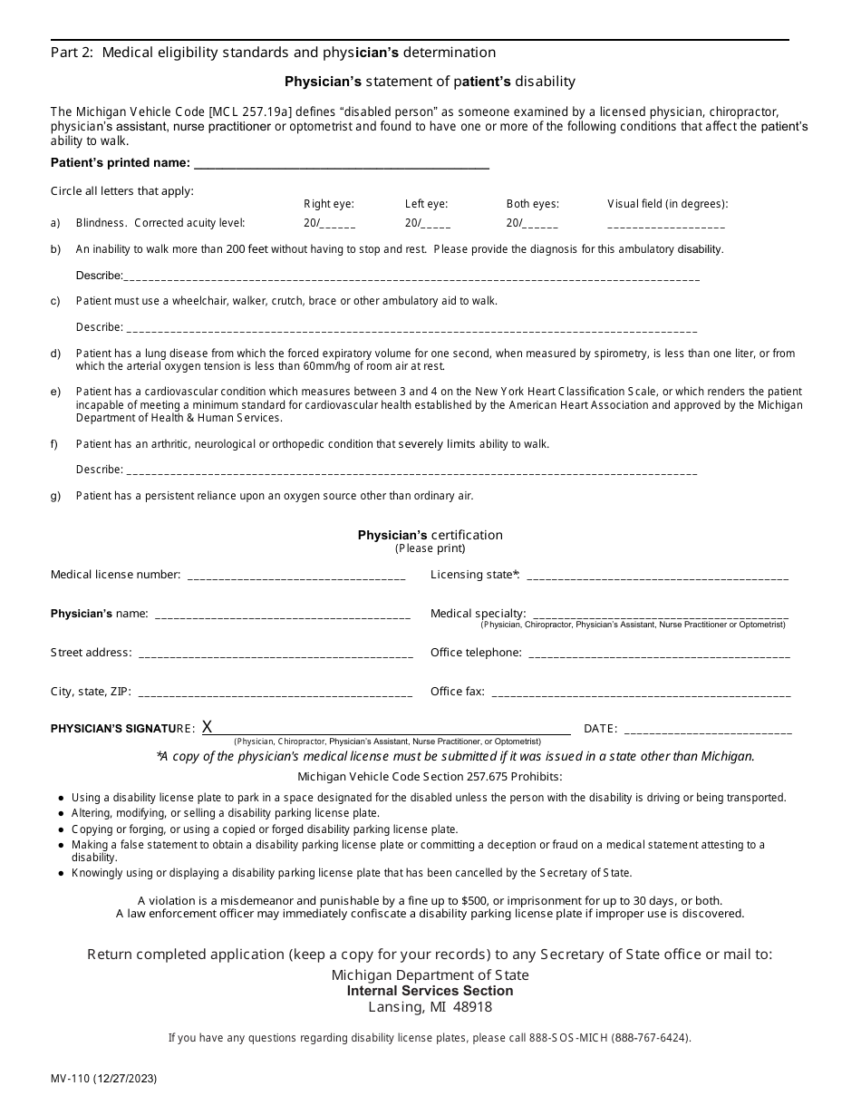 Form MV-110 Application for a Disability License Plate - Michigan, Page 2