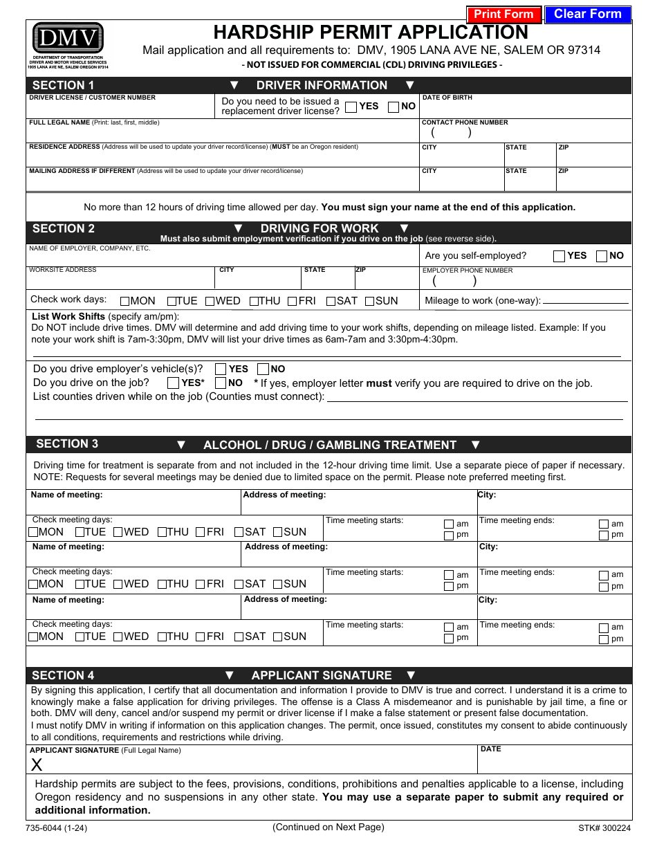 Form 735-6044 Download Fillable PDF or Fill Online Hardship Permit ...