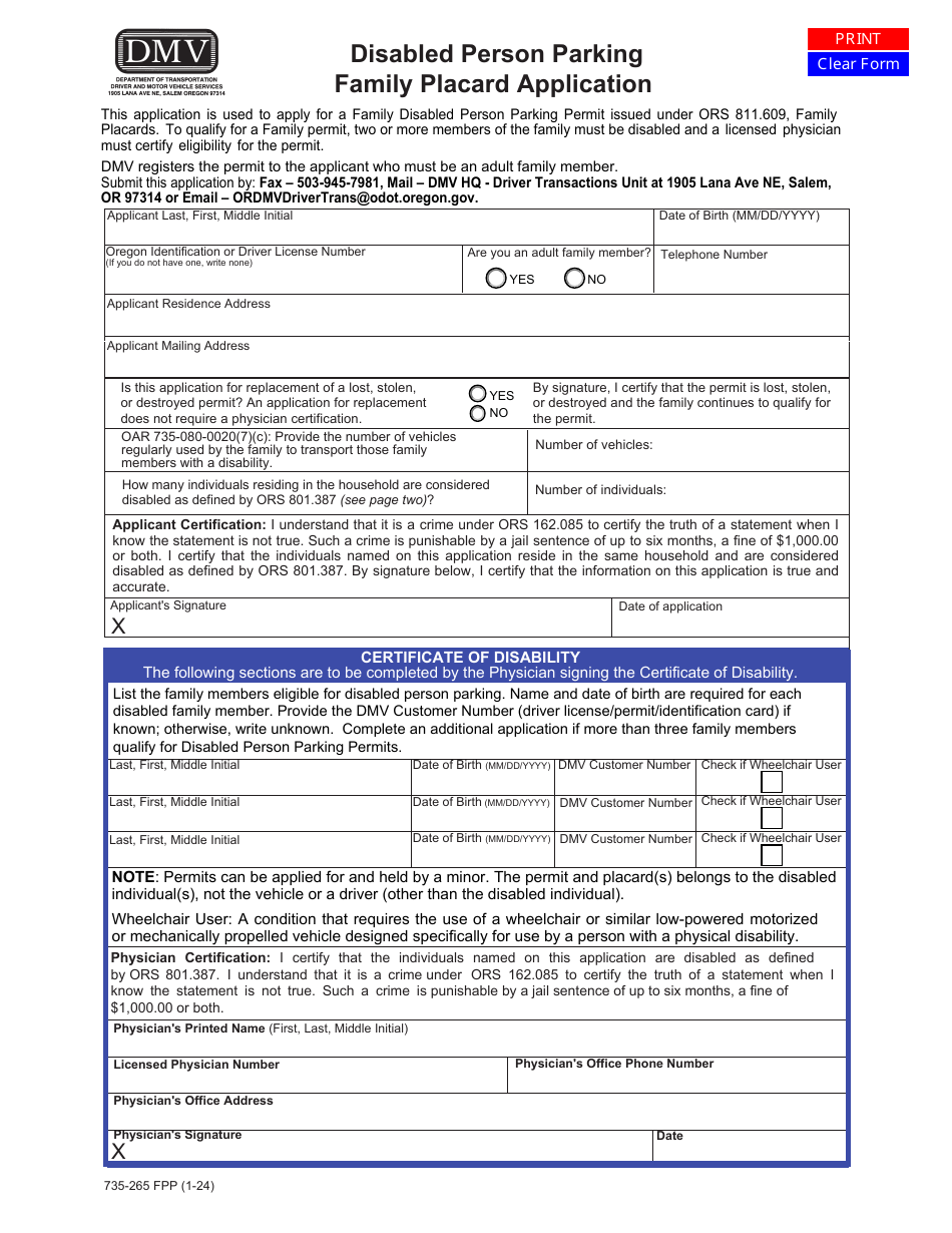 Form 735-265 Disabled Person Parking Family Placard Application - Oregon, Page 1