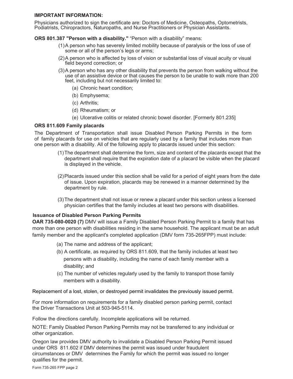Form 735-265 Disabled Person Parking Family Placard Application - Oregon, Page 2