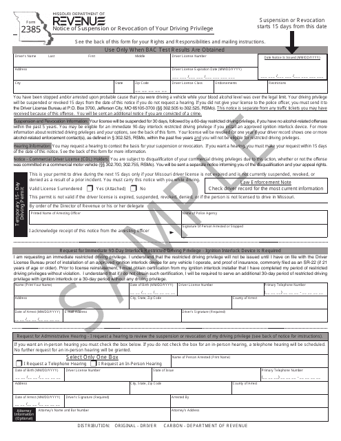 Form 2385 Notice of Suspension or Revocation of Your Driving Privilege - Sample - Missouri