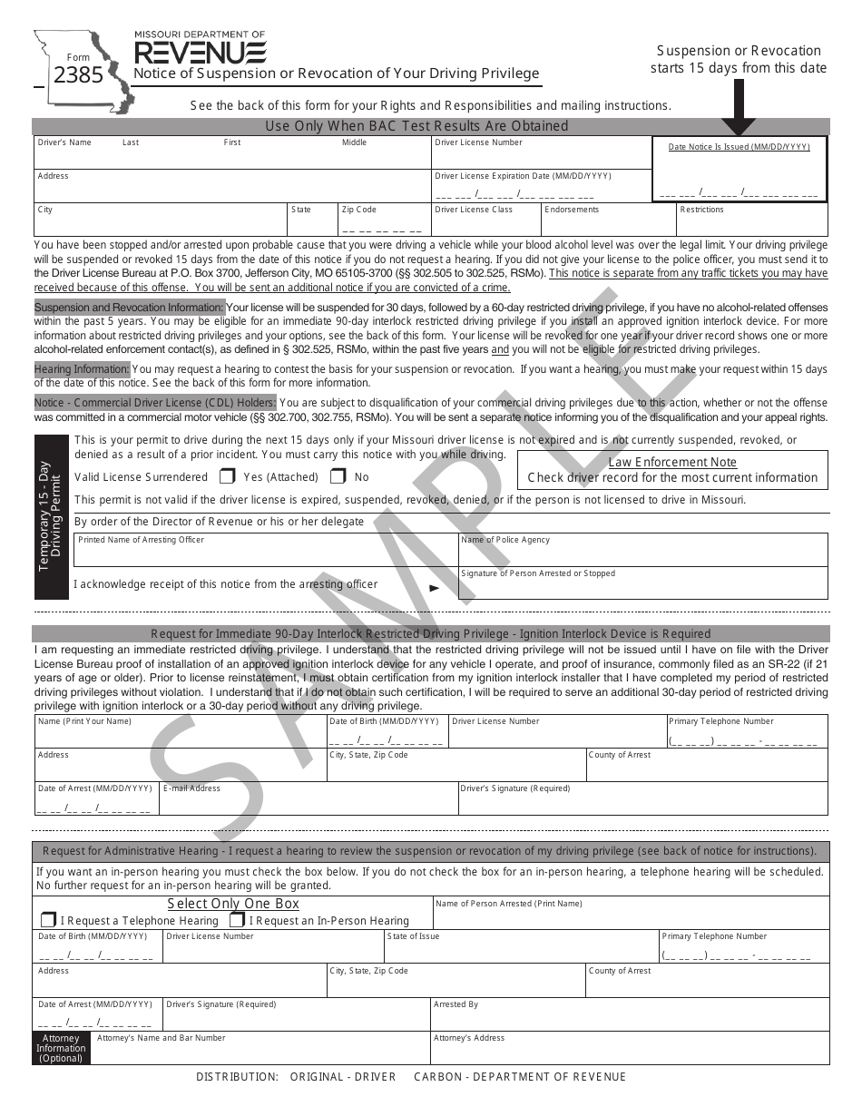 Form 2385 Notice of Suspension or Revocation of Your Driving Privilege - Sample - Missouri, Page 1