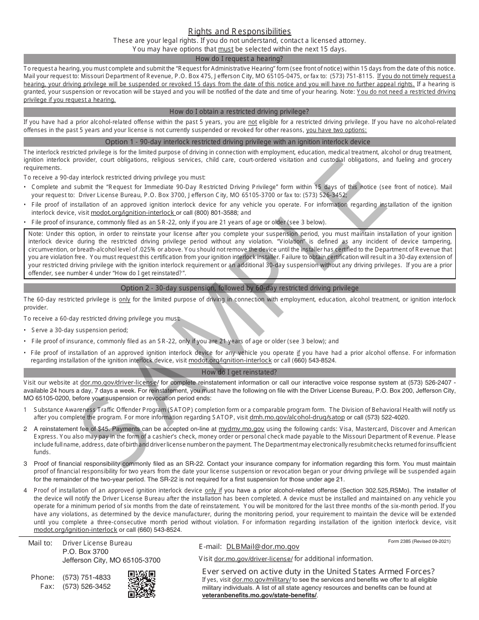 Form 2385 Notice of Suspension or Revocation of Your Driving Privilege - Sample - Missouri, Page 2