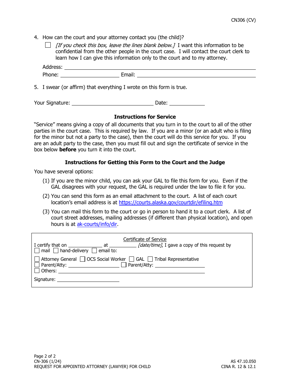 Form CN-306 Request for Appointed Attorney (Lawyer) for Child - Alaska, Page 2