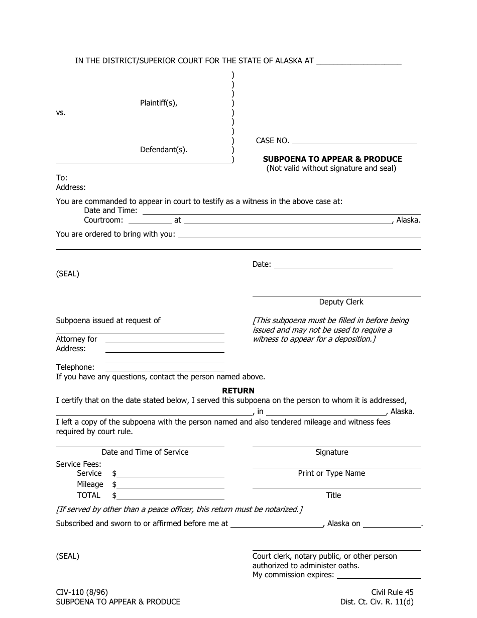 Form CIV-110 Subpoena to Appear and Produce - Alaska, Page 1