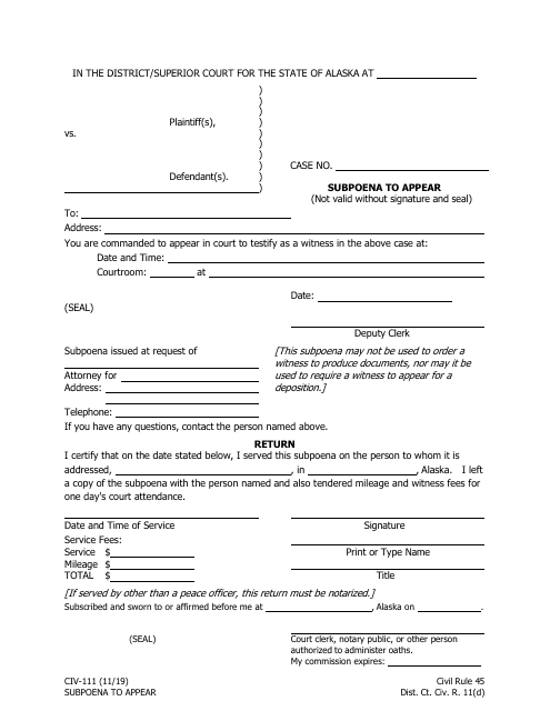 Form CIV-111 Subpoena to Appear - Alaska