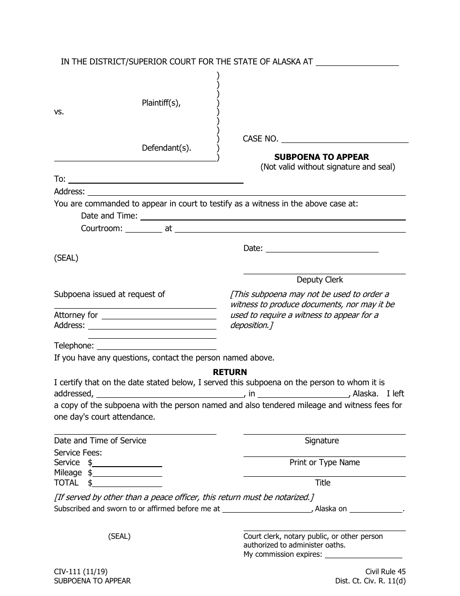 Form CIV-111 Subpoena to Appear - Alaska, Page 1