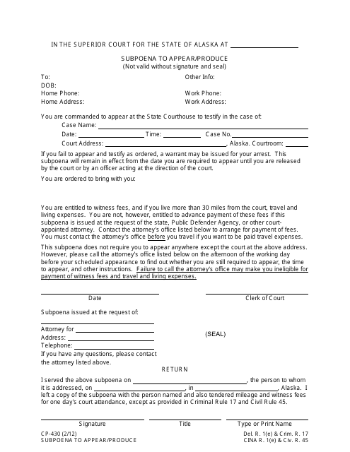 Form CP-430 Subpoena to Appear/Produce - Alaska