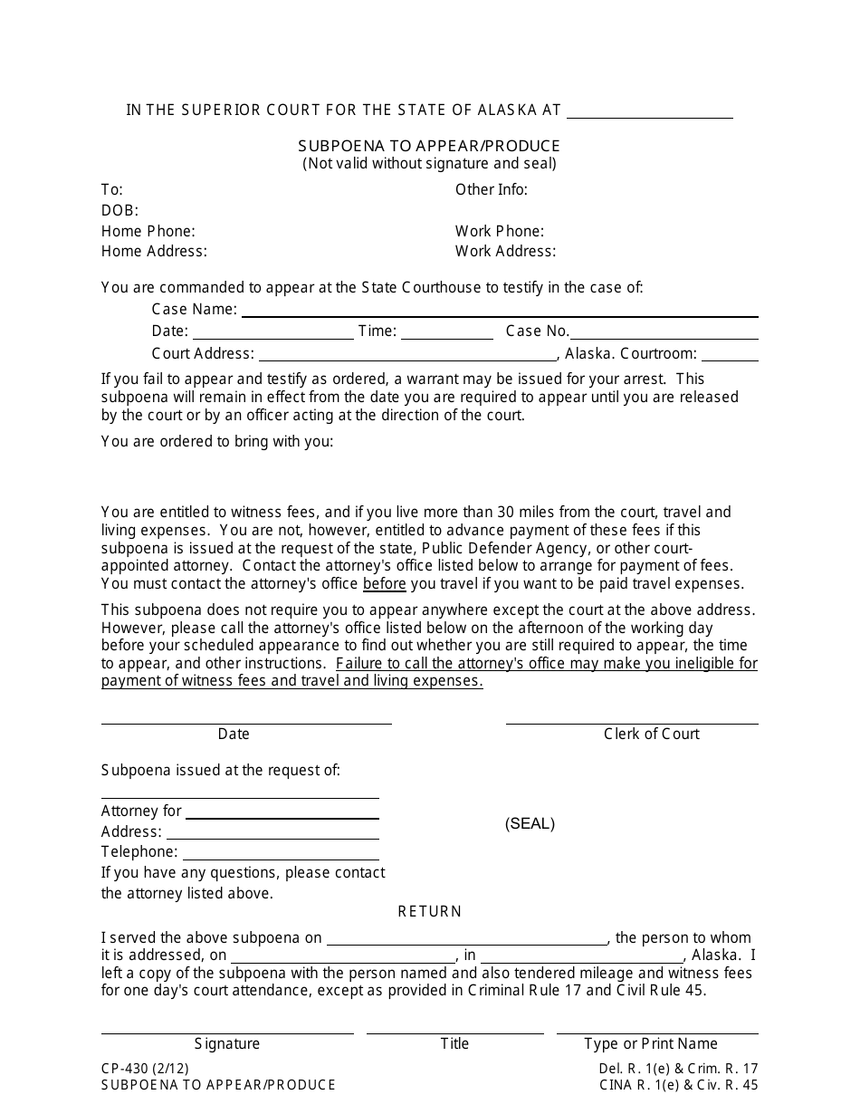 Form CP-430 Subpoena to Appear / Produce - Alaska, Page 1