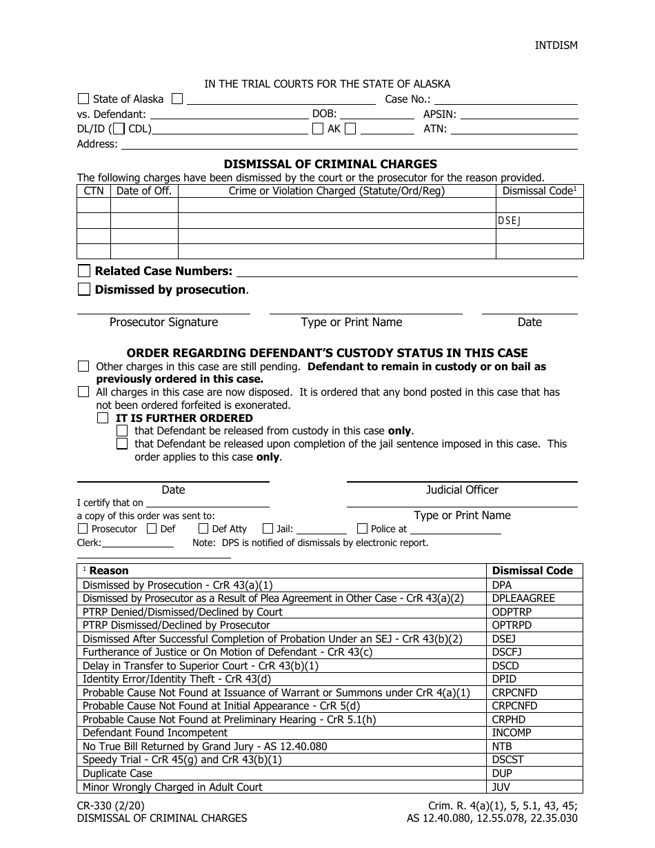 Form CR-330 Dismissal of Criminal Charges - Alaska, Page 1