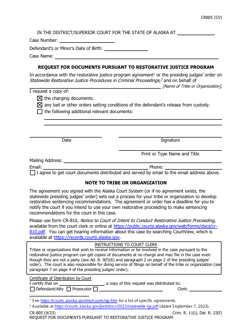 Form CR-805 Request for Documents Pursuant to Restorative Justice Program - Alaska