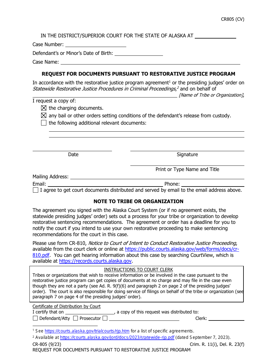 Form CR-805 Request for Documents Pursuant to Restorative Justice Program - Alaska, Page 1