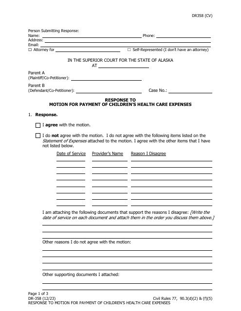 Form DR-358 Response to Motion for Payment of Children's Health Care Expenses - Alaska