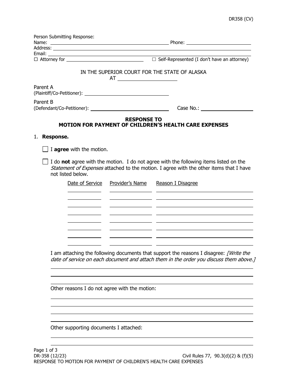 Form DR-358 Response to Motion for Payment of Childrens Health Care Expenses - Alaska, Page 1