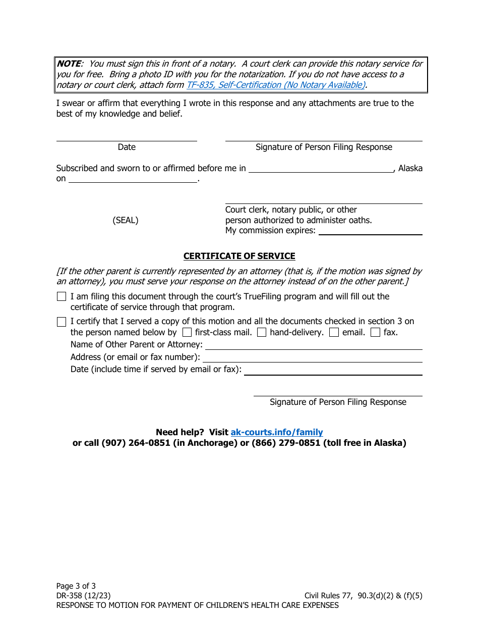 Form DR-358 Response to Motion for Payment of Childrens Health Care Expenses - Alaska, Page 3
