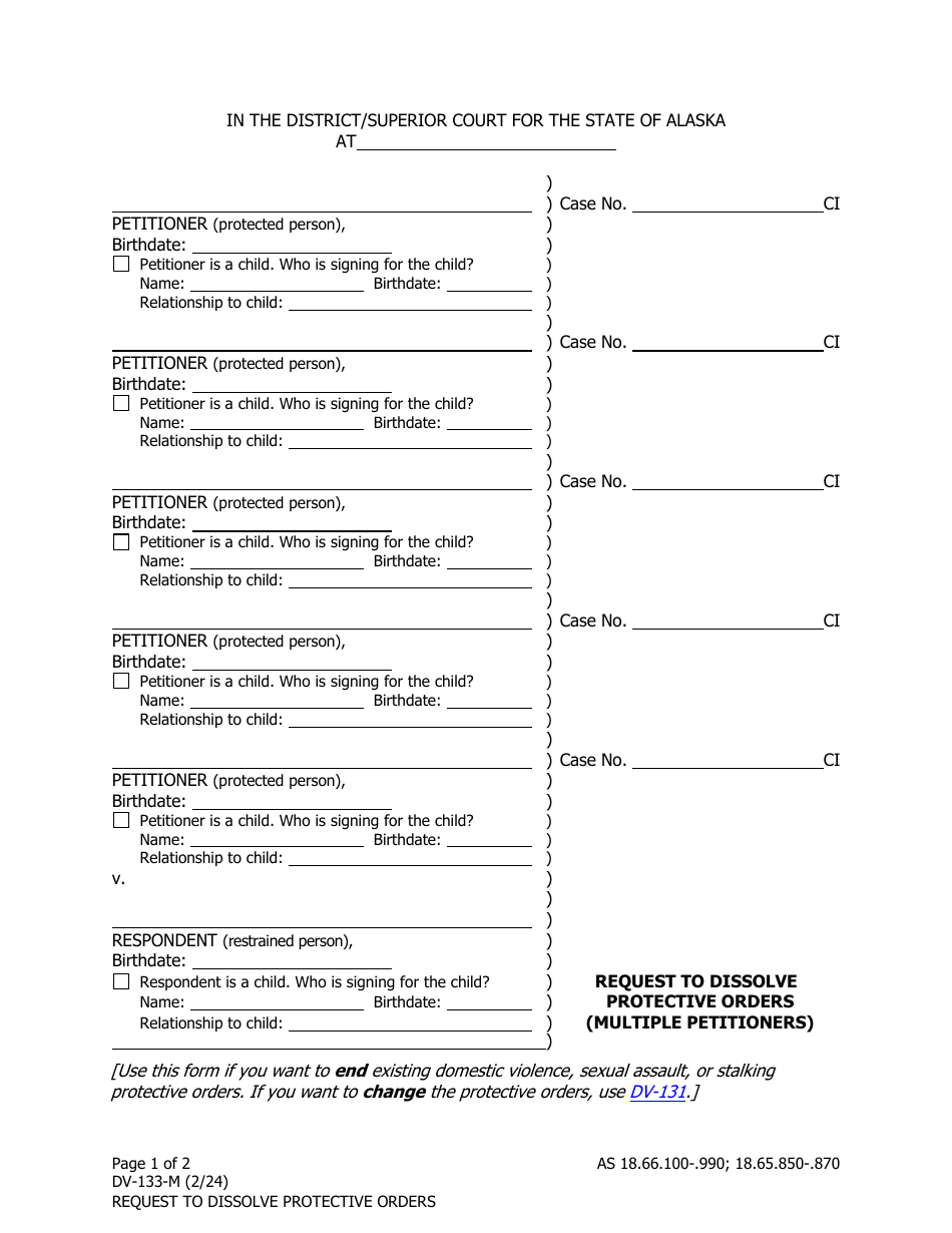 Form DV-133-M Request to Dissolve Protective Orders (Multiple Petitioners) - Alaska, Page 1
