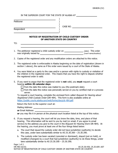 Form DR-483 Notice of Registration of Child Custody Order of Another State or Country - Alaska