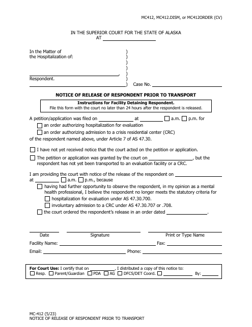 Form MC-412 Notice of Release of Respondent Prior to Transport - Alaska