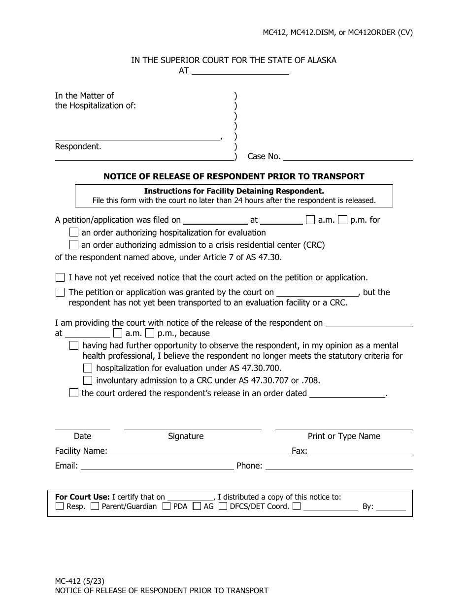 Form MC-412 Notice of Release of Respondent Prior to Transport - Alaska, Page 1