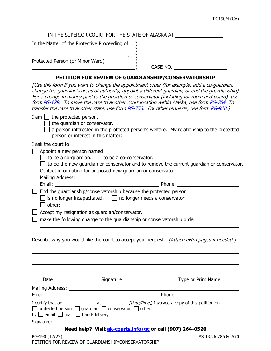 Form PG-190 Petition for Review of Guardianship / Conservatorship - Alaska, Page 1