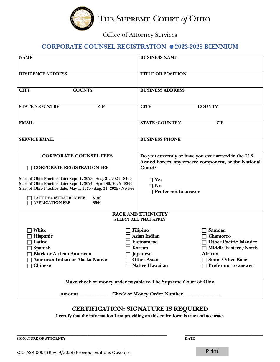 Form SCO-ASR-0004 Corporate Counsel Registration - Ohio, Page 1