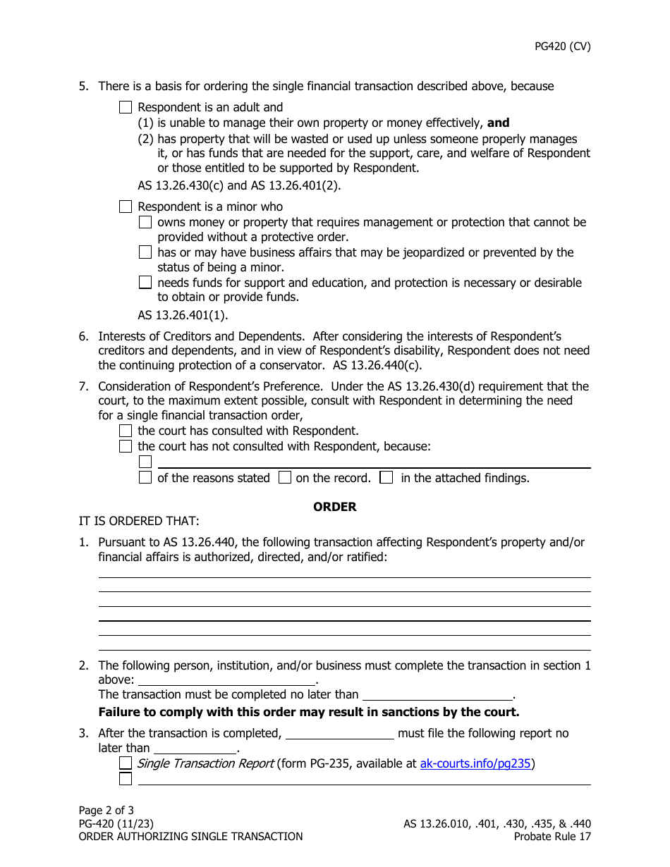 Form PG-420 Order Authorizing Single Transaction Under as 13.26.440 - Alaska, Page 2