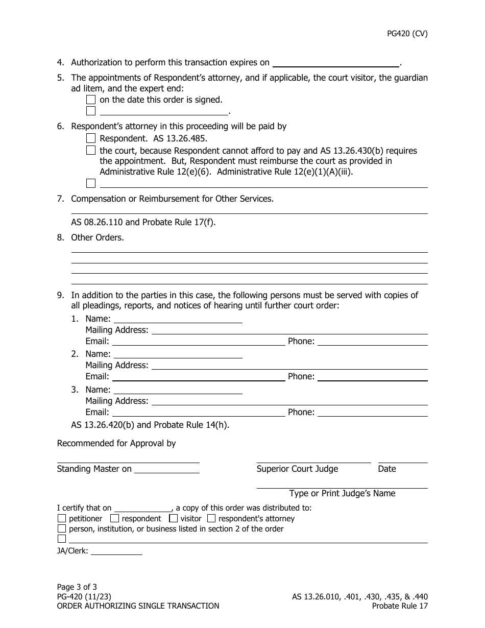Form PG-420 Order Authorizing Single Transaction Under as 13.26.440 - Alaska, Page 3