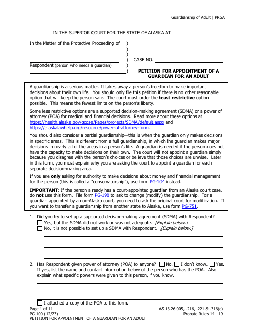 Form PG-100 Petition for Appointment of a Guardian for an Adult - Alaska