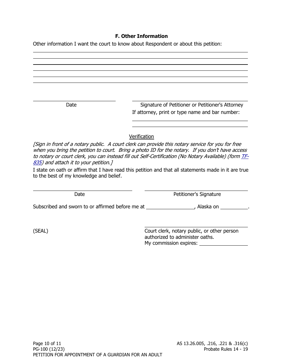 Form PG-100 Petition for Appointment of a Guardian for an Adult - Alaska, Page 10