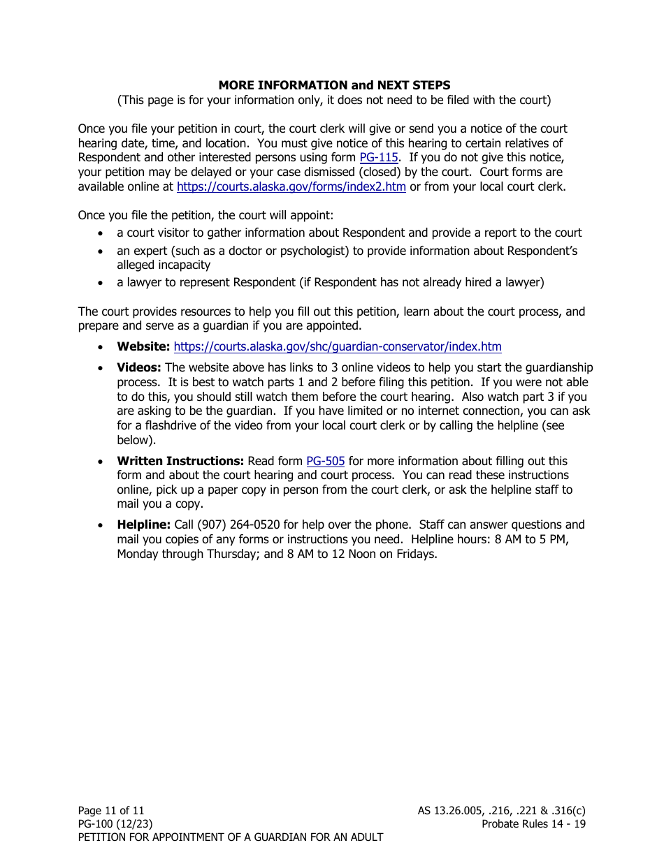 Form PG-100 Petition for Appointment of a Guardian for an Adult - Alaska, Page 11