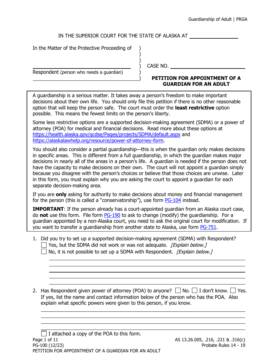 Form PG-100 Petition for Appointment of a Guardian for an Adult - Alaska, Page 1