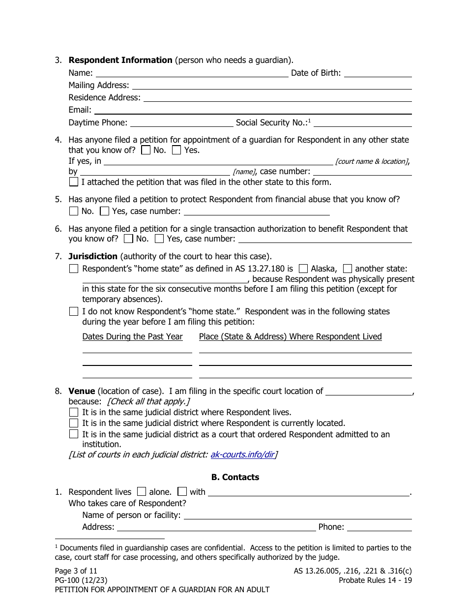 Form PG-100 Petition for Appointment of a Guardian for an Adult - Alaska, Page 3