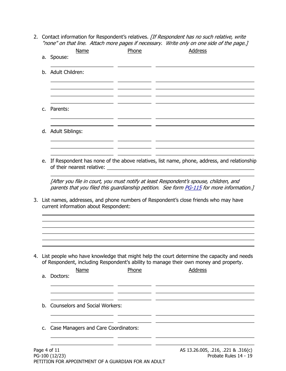 Form PG-100 Petition for Appointment of a Guardian for an Adult - Alaska, Page 4