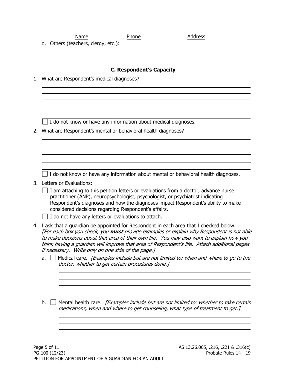 Form PG-100 Petition for Appointment of a Guardian for an Adult - Alaska, Page 5
