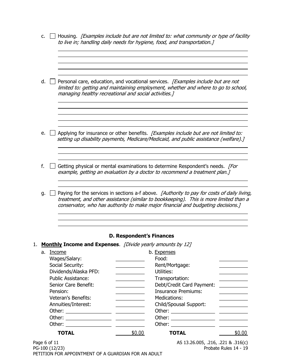 Form PG-100 Petition for Appointment of a Guardian for an Adult - Alaska, Page 6