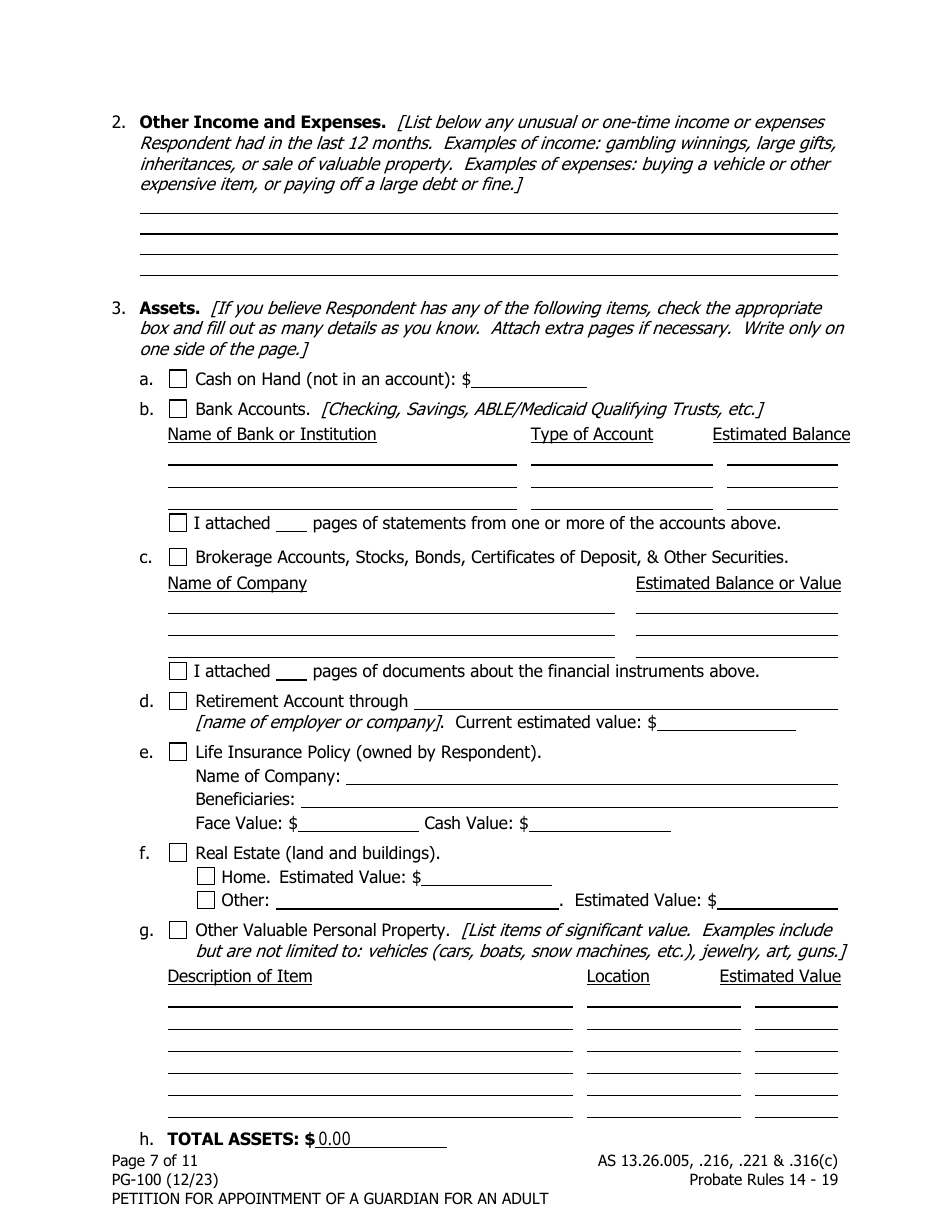 Form PG-100 Petition for Appointment of a Guardian for an Adult - Alaska, Page 7