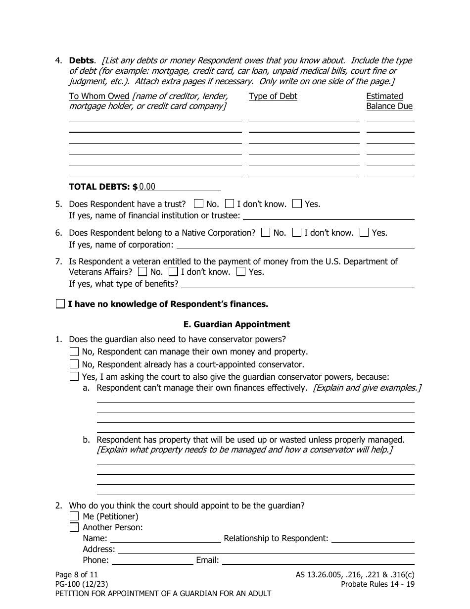 Form PG-100 Petition for Appointment of a Guardian for an Adult - Alaska, Page 8