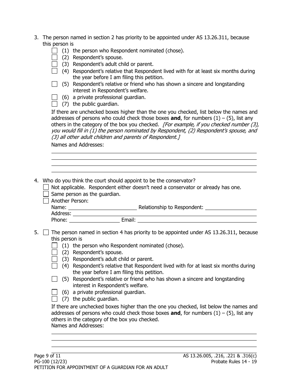 Form PG-100 Petition for Appointment of a Guardian for an Adult - Alaska, Page 9