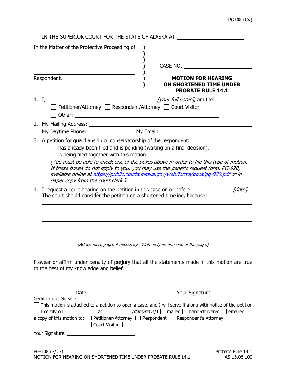 Form PG-108 Motion for Hearing on Shortened Time Under Probate Rule 14.1 - Alaska, Page 1