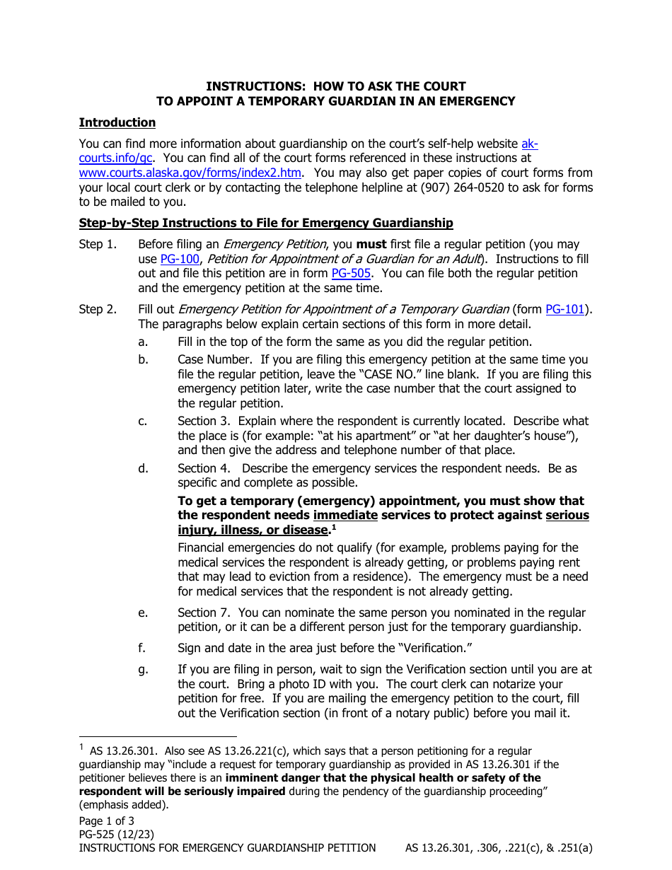 Form PG-525 Instructions for Emergency Guardianship Petition - Alaska, Page 1