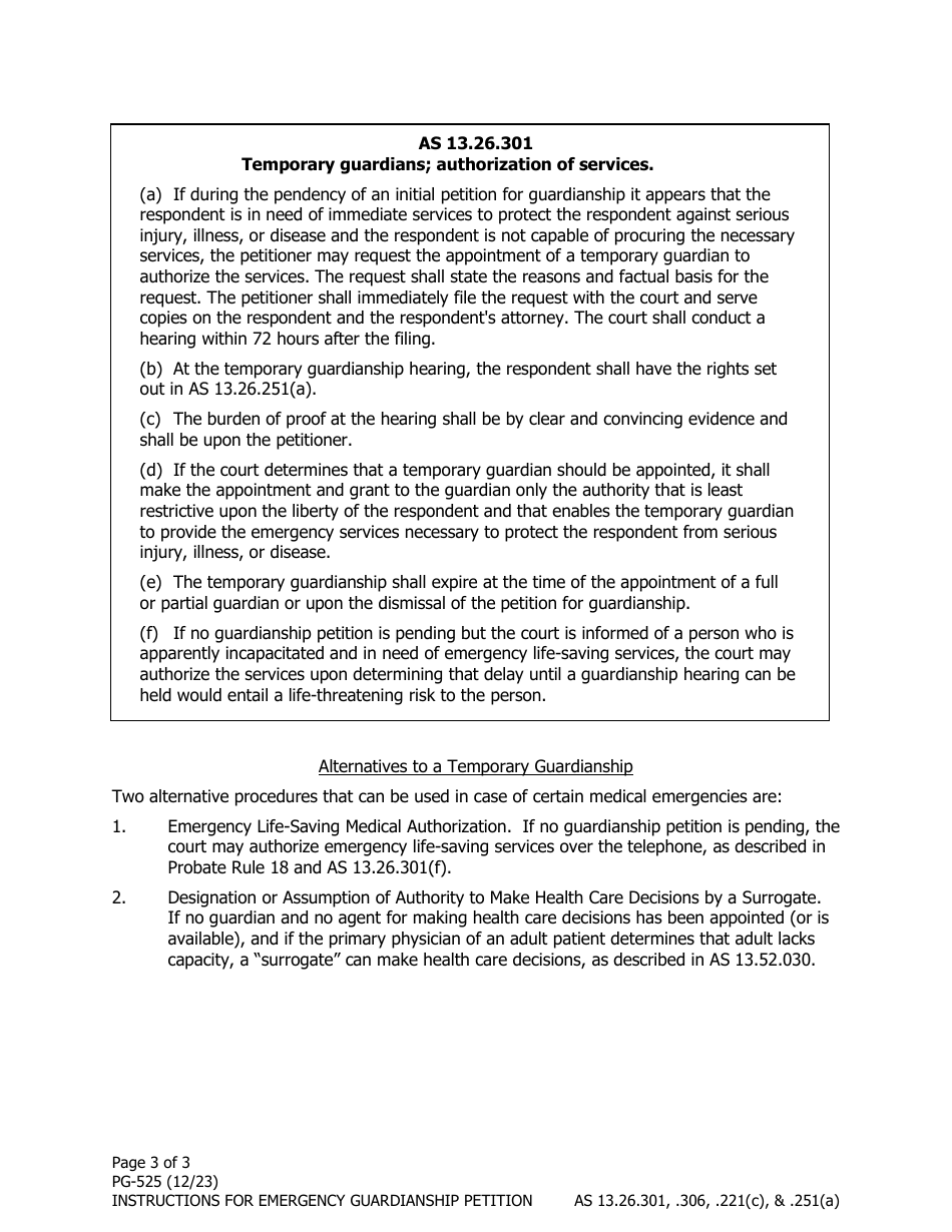Form PG-525 Instructions for Emergency Guardianship Petition - Alaska, Page 3