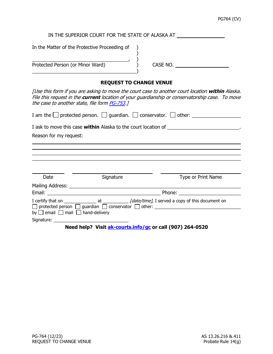 Form PG-764 Request to Change Venue - Alaska, Page 1
