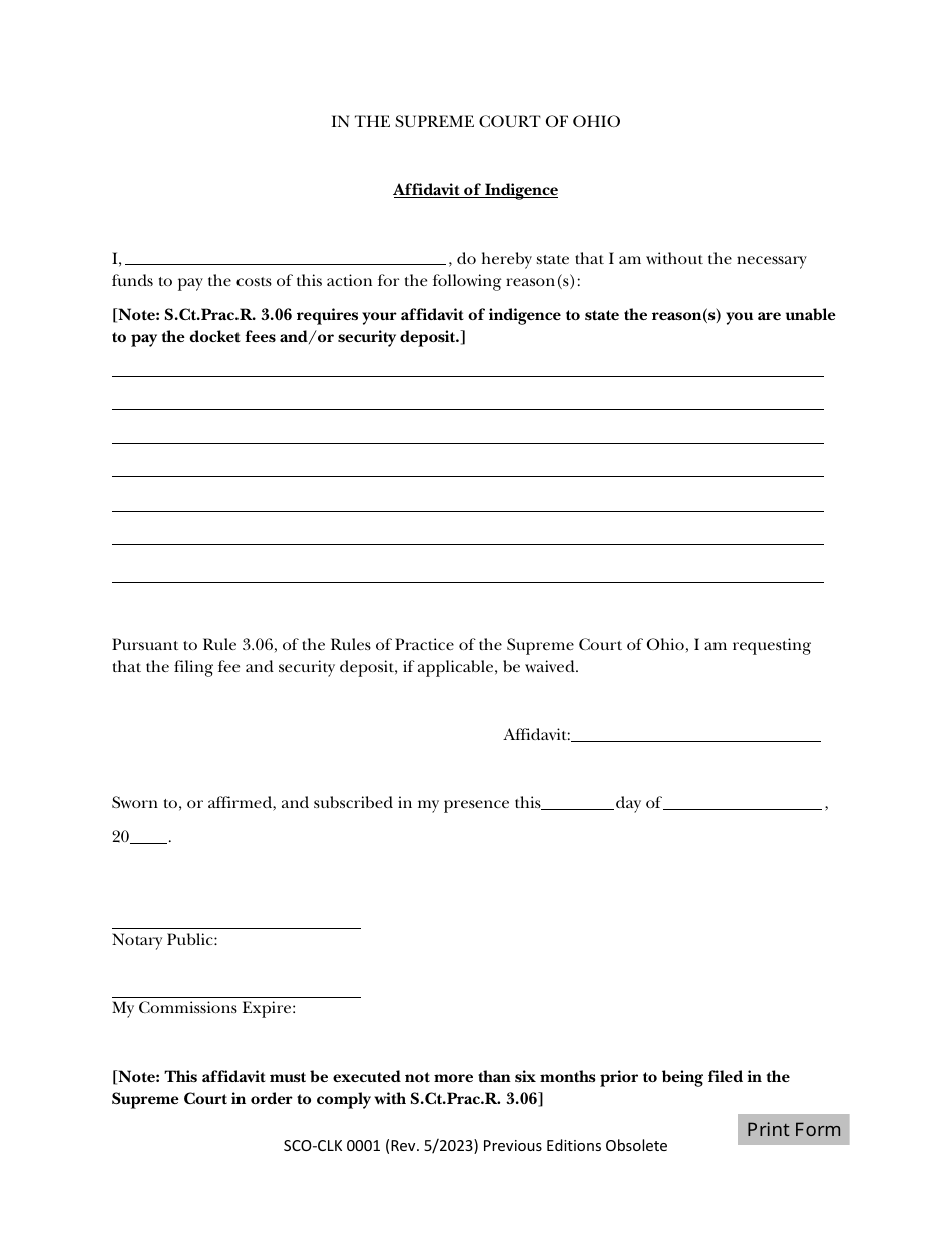 Form SCO-CLK0010 Affidavit of Indigence - Ohio, Page 1